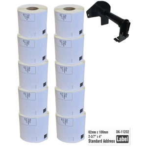 10 x Etykiety do Brother DK-11202 czarny nadruk na białym tle, 100mm x 62mm 300szt etykiet na rolce WYMIENNY UCHWYT