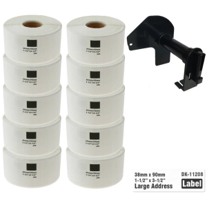 10 x Etykiety do Brother DK-11208 czarny nadruk na białym tle, 38mm x 90mm 400szt etykiet na rolce WYMIENNY UCHWYT