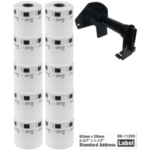 10 x Etykiety do Brother DK-11209 czarny nadruk na białym tle, 62mm x 29mm 800szt etykiet na rolce WYMIENNY UCHWYT