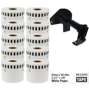 10 x Taśma do Brother DK-22205 czarny nadruk na białym tle, 62mm x 30,48 metrów na rolce WYMIENNY UCHWYT