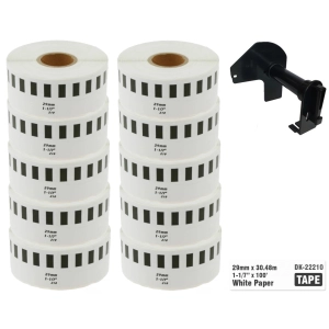 10 x Taśma do Brother DK-22210 czarny nadruk na białym tle, 29mm x 30,48 metrów na rolce WYMIENNY UCHWYT