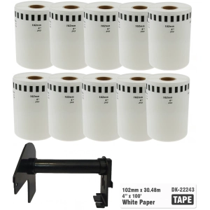 10 x Taśma do Brother DK-22243 czarny nadruk na białym tle, 102mm x 30,48 metrów na rolce WYMIENNY UCHWYT